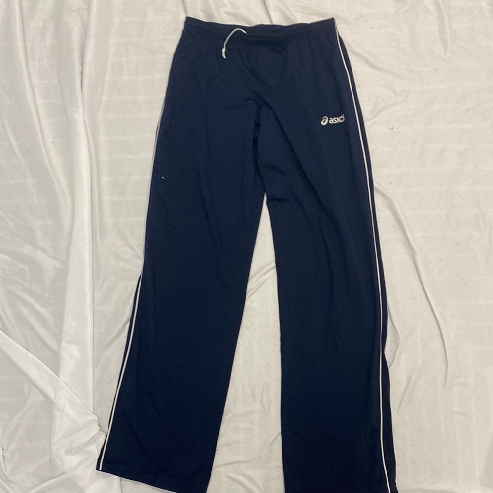 Asics Dark Blue Athletic Pants with White Stripes